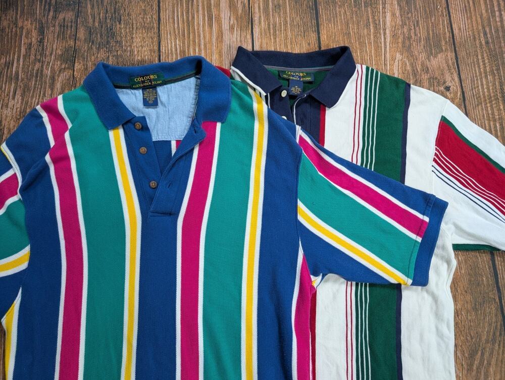 2 Vintage Colours by Alexander Julian Polo Shirt Mens Medium Stripe Cotton